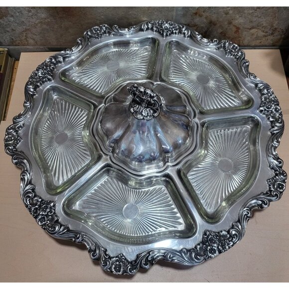 Vintage Silver Plated Lazy Susan Serving Platter 19" Turn Table Vegetable Dip C - Picture 1 of 13